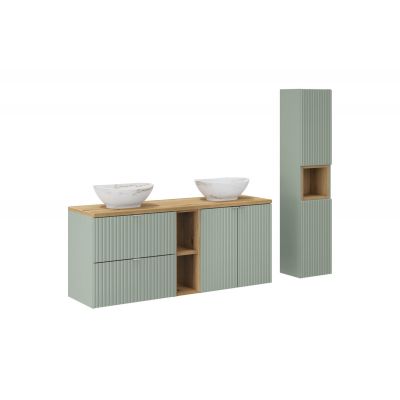 Zestaw Comad Line Reed Green/Oak szafki 60 cm, 60 cm i 20 cm z blatem 140 cm meblowym zielony/dąb i dwie umywalki Pati 40x33 cm z szafką wysoką boczną i regałem SET-LRG B OAK 140CM UN PATI WH HC LR