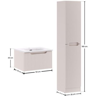 Zestaw Nova Cashmere szafka 50 cm podumywalkowa wisząca z umywalką meblową Sky białą i szafką wysoką 180 cm boczna kaszmir SET-NOC 50CM 1S SKY 3 HCLB