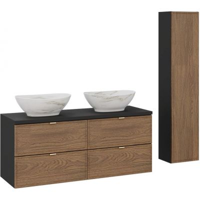 Zestaw Comad Talia Casella dwie umywalki Pati nablatowe z szafkami podumywalkowymi 60 cm i szafka boczna wysoka dąb-czarny SET-TC B BLACK 120CM UN PATI HC