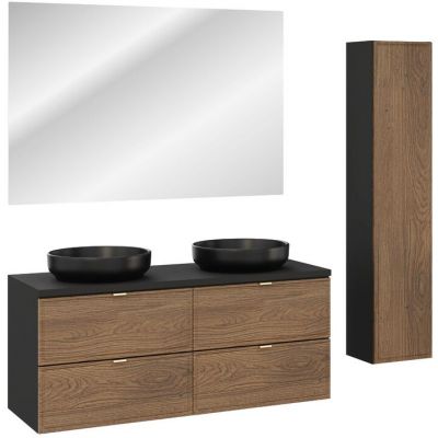 Zestaw Comad Talia Casella dwie umywalki River 1 nablatowe z szafkami podumywalkowymi 60 cm, szafka boczna wysoka dąb-czarny i lustro SET-TC B BLACK 120CM UN RIVER BM HC