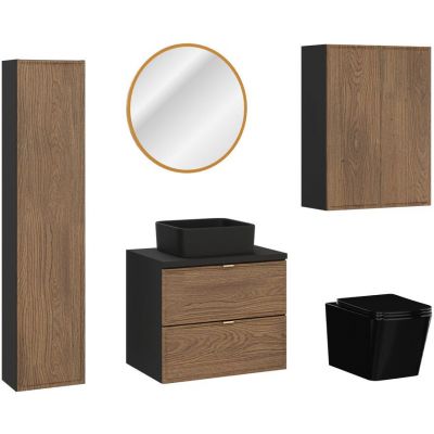 Zestaw Comad Talia Casella umywalka nablatowa Slim z szafką podumywalkową 60 cm, szafkami wiszącymi bocznymi, lustro i miska WC wisząca z deską dąb-czarny SET-TC B BLACK 60CM UN SLIM BL HC