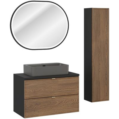 Zestaw Comad Talia Casella umywalka nablatowa Trust z szafką podumywalkową 80 cm, lustrem i szafka boczna wysoka dąb-czarny SET-TC B BLACK 80CM UN TRUST DG HC