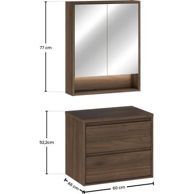 Zestaw Comad Viola Villa szafka 60 cm podumywalkowa wisząca z blatem i szafką z lustrem orzech villa SET-VOV B VILLA 60CM MC