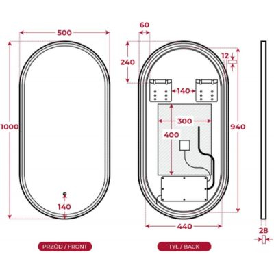 Corsan Ovo lustro 50x100 cm owalne z oświetleniem z matą grzewczą L5010A