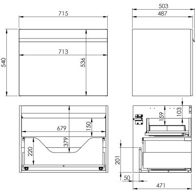 Elita Moody szafka 71,5x48,7x54 cm podumywalkowa wisząca black matt RE010700037160