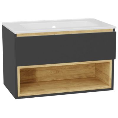 Zestaw Excellent Tuto 2.0 szafka 80 cm podumywalkowa wisząca z umywalką As szary-dąb/biały MLEX.2171.K.80.0136.GRGR