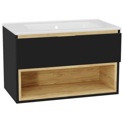 Zestaw Excellent Tuto 2.0 szafka 80 cm podumywalkowa wisząca z umywalką Pik czarny-dąb/biały MLEX.2171.K.80.0165.BKBK