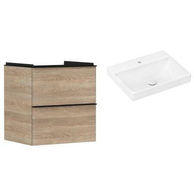 Hansgrohe Xelu Q szafka wisząca z umywalką  60x48 cm naturalny dąb/czarny mat/biały (54025670, 61016450)