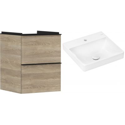 Hansgrohe Xelu Q szafka wisząca z umywalką 50x48 cm naturalny dąb/czarny mat/biały (54021670, 61012450)