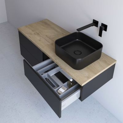 Kronenbach Cube szafka z blatem 141x48,7x44,5 cm podumywalkowa wisząca czarny mat-jasny dąb KBWTKOWTL1413SMGH