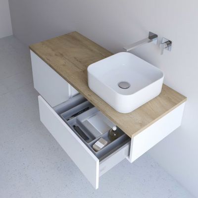 Kronenbach Cube szafka z blatem 121x48,7x44,5 cm podumywalkowa wisząca biały połysk-jasny dąb KBWTKOWTL1213WHGH