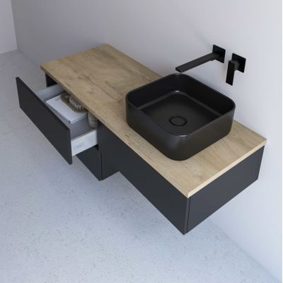 Kronenbach Cube szafka z blatem 141x48,7x44,5 cm podumywalkowa wisząca czarny mat-jasny dąb KBWTKOWTL1414SMGH