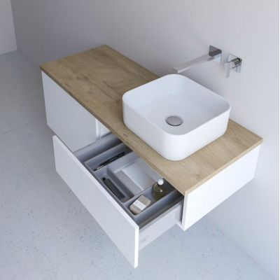 Kronenbach Cube szafka z blatem 161x48,7x44,5 cm podumywalkowa wisząca biały połysk-jasny dąb KBWTKOWTL1614WHGH