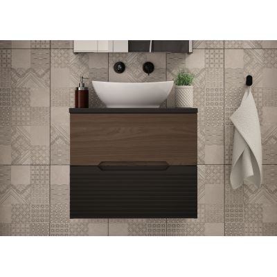 Zestaw Megstyl Avella szafka 60x45,8x50 cm podumywalkowa wisząca czarna-orzech z blatem czarnym i umywalka biała (3192, 2033, 2516)