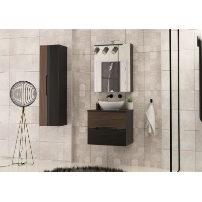 Zestaw Megstyl Avella szafka 60x45,8x50 cm podumywalkowa wisząca czarna-orzech z blatem czarnym i umywalka biała (3192, 2033, 2516)