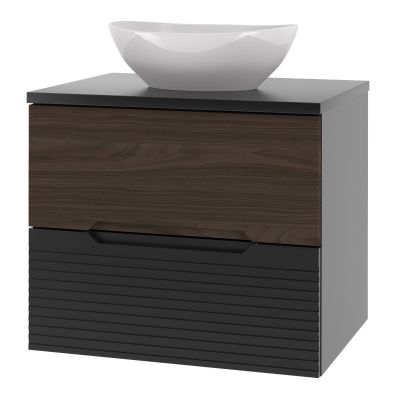 Zestaw Megstyl Avella szafka 60x45,8x50 cm podumywalkowa wisząca czarna-orzech z blatem czarnym i umywalka biała (3192, 2033, 2516)