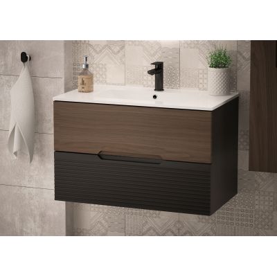 Zestaw Megstyl Avella szafka 80x45,8x50 cm podumywalkowa wisząca czarna-orzech i umywalka biała (3186, 2586)
