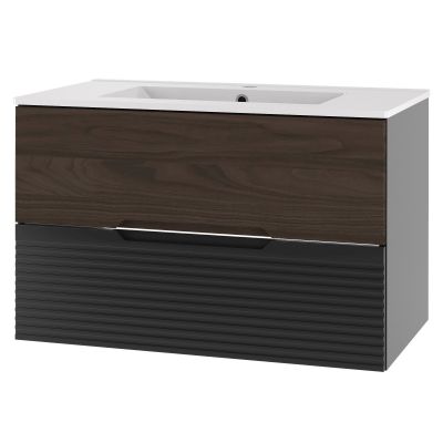 Zestaw Megstyl Avella szafka 80x45,8x50 cm podumywalkowa wisząca czarna-orzech i umywalka biała (3186, 2586)