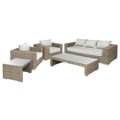 Miloo Home Moma zestaw mebli ogrodowych 5-elementowy sofa dwa fotele i dwa stoliki ekorattan/konglomerat beżowy ML12627
