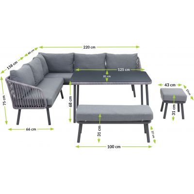 Mirpol Safira zestaw mebli ogrodowych 8-osobowy stolik z kanapą narożnikową oraz pufa krótka i długa MIR-210582