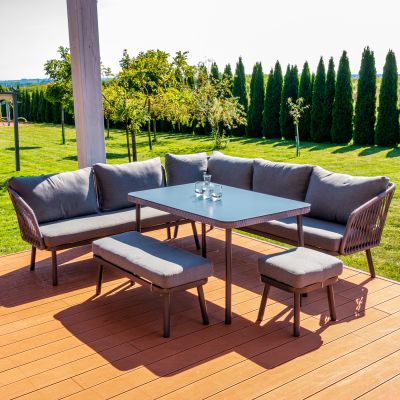 Mirpol Safira zestaw mebli ogrodowych 8-osobowy stolik z kanapą narożnikową oraz pufa krótka i długa MIR-210582