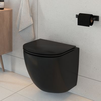 Zestaw Oltens Hamnes miska WC wisząca PureRim z deską wolnoopadającą Ovan Slim czarny mat 42014300