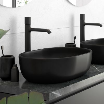 Oltens Hamnes umywalka 49x39,5 cm nablatowa owalna z powłoką SmartClean czarny mat 40800300