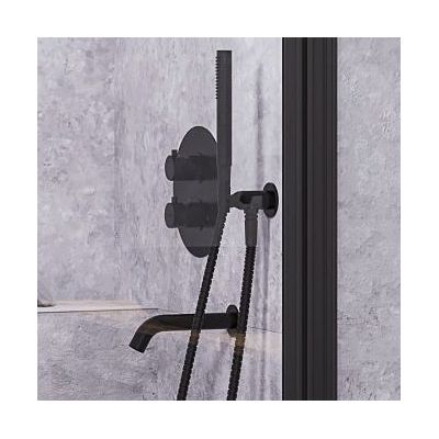 Zestaw Oltens Katla bateria podtynkowa termostatyczna z wylewką wannową z deszczownicą 30 cm Vindel i kompletem prysznicowym Ume czarny mat 36608300