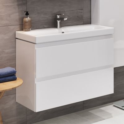 Cersanit Moduo SET B689 umywalka 56,5x36,5 cm nablatowa z szafką 80 cm biała/dąb i dwiema szafkami wiszącymi S801-447