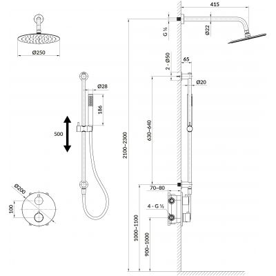 Cersanit Zen zestaw wannowo-prysznicowy podtynkowy termostatyczny z deszczownicą czarny mat S952-033