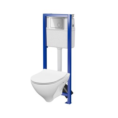 Zestaw Cersanit Mille miska WC CleanOn wisząca z deską wolnoopadającą Slim i stelaż podtynkowy z przyciskiem spłukującym chrom błyszczący S701-435
