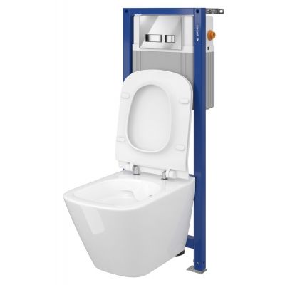Zestaw Cersanit City Square CleanOn miska WC z deską sedesową Slim i stelaż podtynkowy Aqua 22 z przyciskiem Movi chrom S701-450