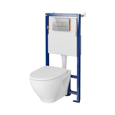 Zestaw Cersanit Moduo SET B607 miska WC wisząca CleanOn z deską wolnoopadającą Slim i stelaż podtynkowy Tech Line Opti z przyciskiem spłukującym A1 chrom błyszczący S701-636
