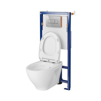 Zestaw Cersanit Moduo SET B607 miska WC wisząca CleanOn z deską wolnoopadającą Slim i stelaż podtynkowy Tech Line Opti z przyciskiem spłukującym A1 chrom błyszczący S701-636