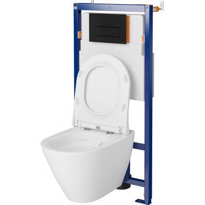 Zestaw Cersanit City Oval miska WC wisząca CleanOn z deską wolnoopadającą Slim i stelaż podtynkowy Tech Line Opti z przyciskiem spłukującym Opti B1 czarny mat S701-653