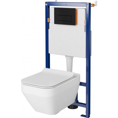 Zestaw Cersanit Crea miska WC wisząca CleanOn z deską wolnoopadającą Slim i stelaż podtynkowy Tech Line Opti z przyciskiem czarny mat S701-670