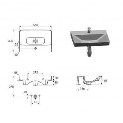 Cersanit Mille umywalka 56x40,5 cm prostokątna ścienna biała K675-001