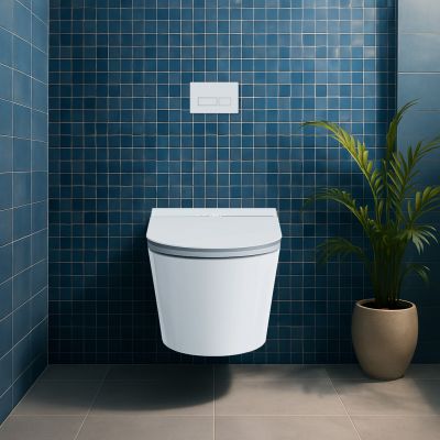 Clean Wave Breeze toaleta myjąca ze stelażem i przyciskiem wisząca bez kołnierza ze spłukiwaniem wirowym biała B700SET