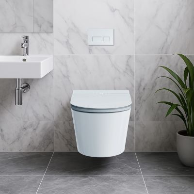 Clean Wave Breeze toaleta myjąca ze stelażem i przyciskiem wisząca bez kołnierza ze spłukiwaniem wirowym biała B700SET