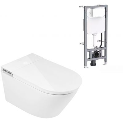 Clean Wave Breeze toaleta myjąca ze stelażem i przyciskiem wisząca bez kołnierza ze spłukiwaniem wirowym biała B700SET