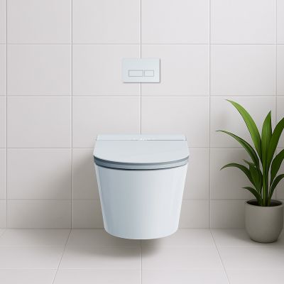 Clean Wave Breeze toaleta myjąca ze stelażem i przyciskiem wisząca bez kołnierza ze spłukiwaniem wirowym biała B700SET