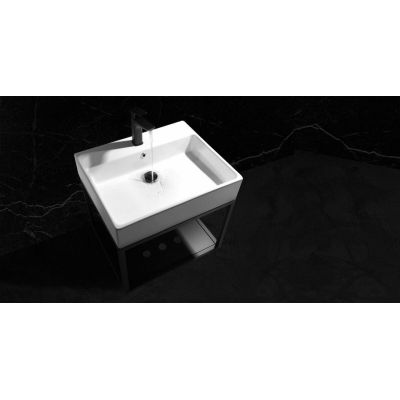 Deante Temisto umywalka nablatowa 50x50 cm kwadratowa biała z konsolą wiszącą czarną CDTW6U5S