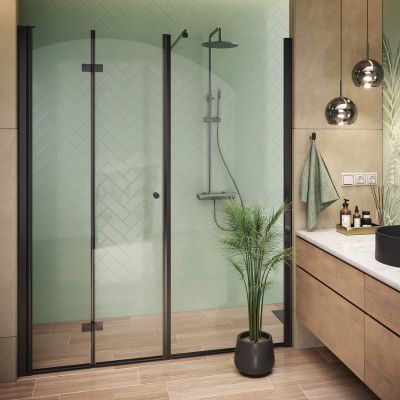 Zestaw Deante Kerria Plus kabina prysznicowa 90x80 cm prostokątna czarny/szkło przezroczyste (KTSXN41P, KTSXN42P)