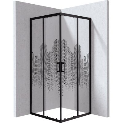 Deante Funkia Evo kabina prysznicowa 80x80 cm kwadratowa czarny mat/szkło ze wzorem miasto KYCND88P