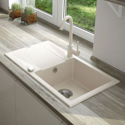 Deante Zorba zlewozmywak granitowy 76x44 cm alabaster mat z baterią kuchenną Nemezja alabaster ZQZVA113