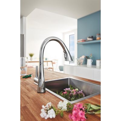 Zestaw Grohe K700 zlewozmywak 56x51 cm czarny granit z baterią kuchenną Zedra chrom (31651AP0, 32294002)