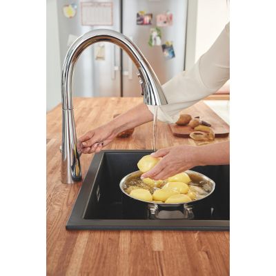 Zestaw Grohe K700 zlewozmywak 56x51 cm czarny granit z baterią kuchenną Zedra chrom (31651AP0, 32294002)