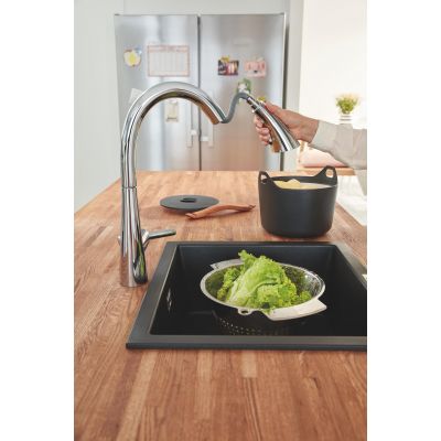 Zestaw Grohe K700 zlewozmywak 56x51 cm czarny granit z baterią kuchenną Zedra chrom (31651AP0, 32294002)