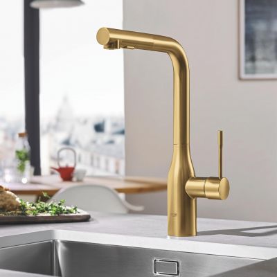 Zestaw Grohe K700 zlewozmywak granitowy 53,3x45,7 cm czarny z baterią kuchenną Essence i odpływ złoty (31654AP0, 40997GN0, 30270GN0)
