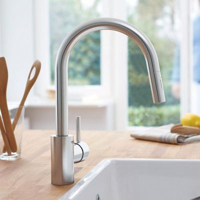 Zestaw Grohe K700 zlewozmywak granitowy czarny z baterią kuchenną Concetto stal  (31653AP0, 31483DC2)